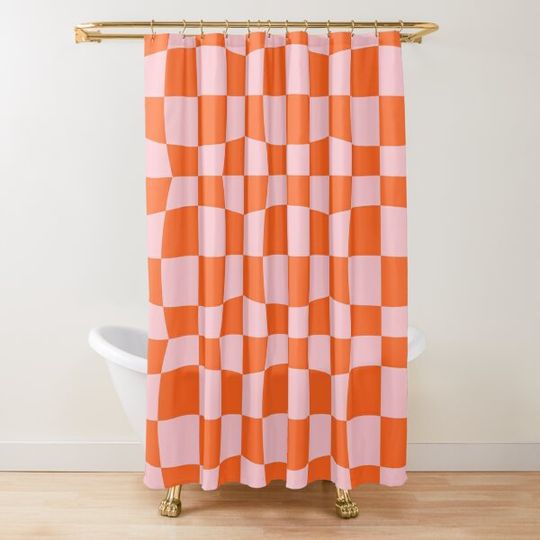 Discover Bubble Checker - Pink, Orange Shower Curtain