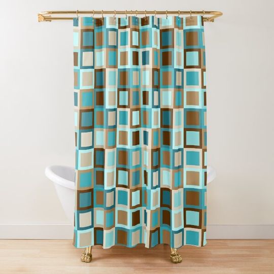 Discover Mid Century Modern Geometric Squares // Brown, Teal, Turquoise, Caramel, Khaki, Tan, Sky Blue Shower Curtain