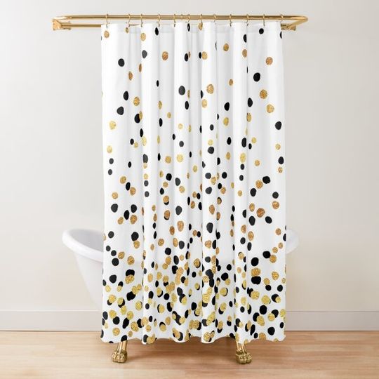 Discover Floating Dots - Black and Gold on White Shower Curtain