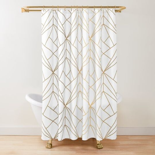 Discover Geometric Gold Pattern With White Shimmer Shower Curtain