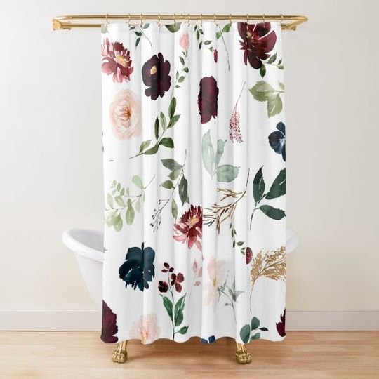 Discover Watercolor flowers in Burgundy and Navy Blue Shower Curtain