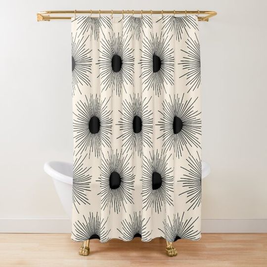 Discover Sunburst Mid-Century Modern Sun Pattern in Black and Almond Cream Shower Curtain