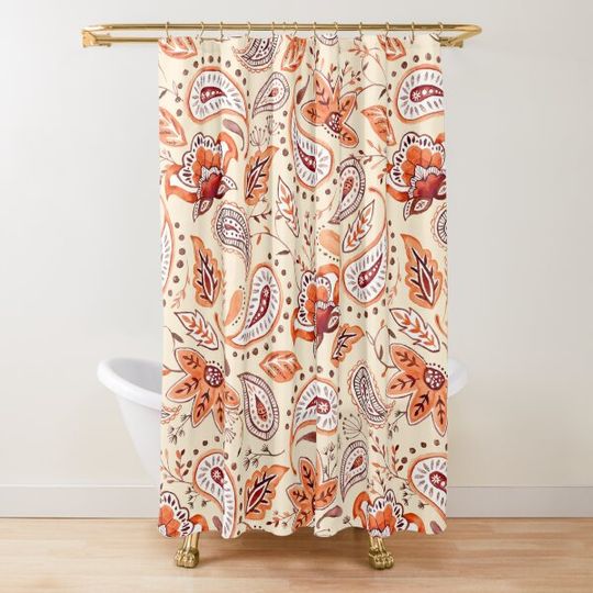 Discover Watercolor Coral Floral Paisley - Beige Shower Curtain
