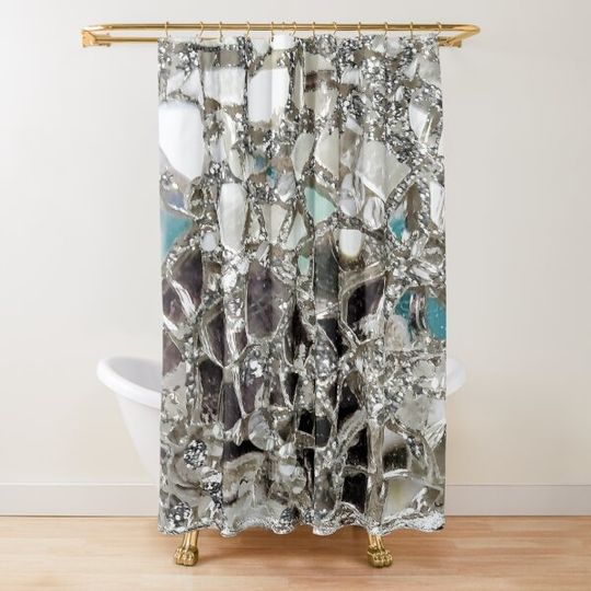 Discover An Image of An Explosion of Sparkly Silver Glitter, Glass and Mirror Shower Curtain