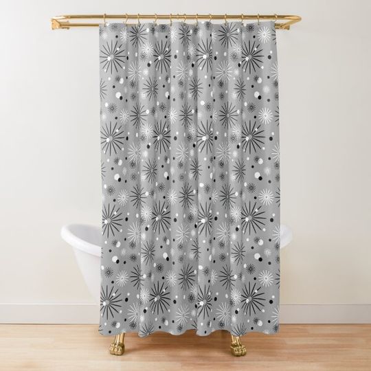 Discover Atomic Starburst Sparkles Gray Shower Curtain