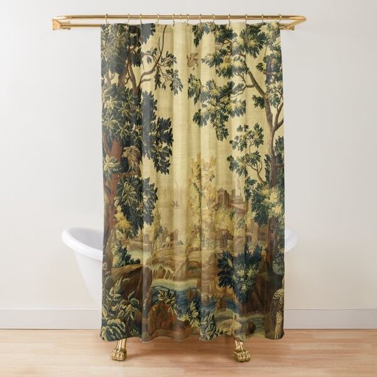 Discover Wood Landscape with Birds,Trees and River, Antique Flemish Tapestry in Brown Ivory Blue Shower Curtain