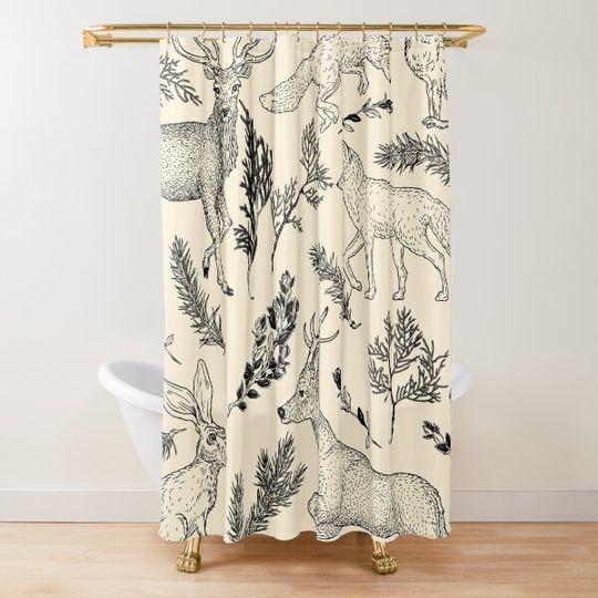 Discover Forest Animals Print, Deer, Buck, Fox, Rabbit, Foliage Shower Curtain