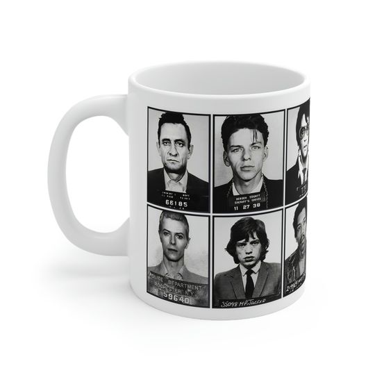Discover Celebrity Mugshots In Music Coffee Mug 11oz | Magnificent Mug Shot Photograph Set