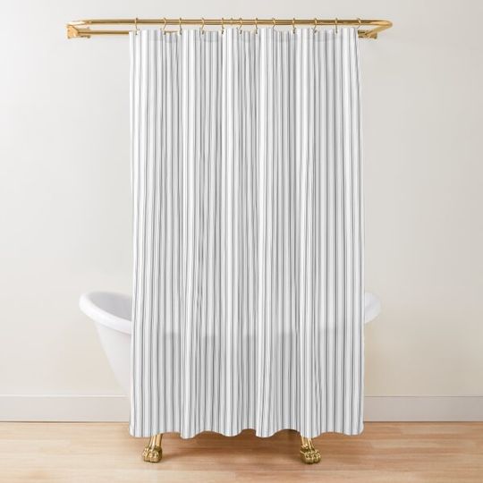 Discover Mattress Ticking Narrow Striped Pattern in Charcoal Grey and White Shower Curtain