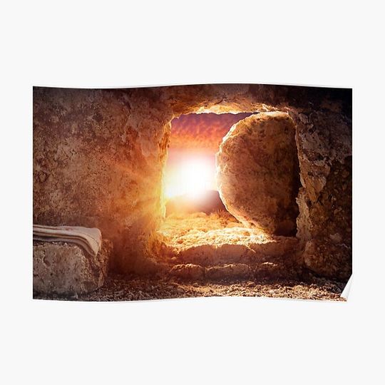 Discover Tomb Empty with shroud at sunrise  Empty tomb of Jesus at sunrise with stone background Premium Matte Vertical Poster