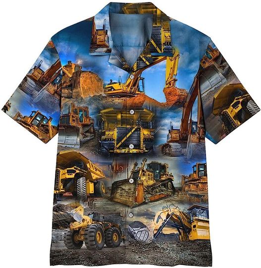 Discover Excavator Yellow and Blue Sky Hawaiian Shirts