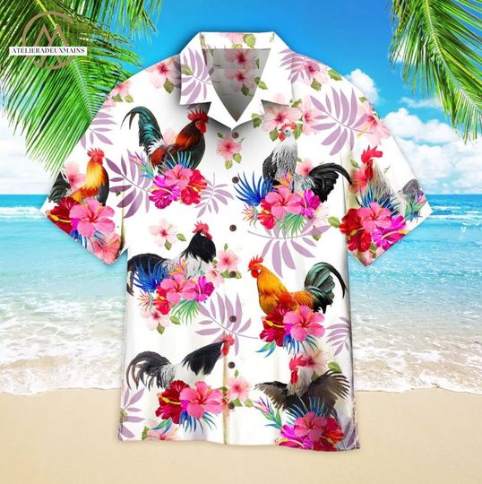 Discover Chicken Hibiscus Rooster Hawaiian Shirts, Animal Aloha Shirt, Summer Beach Shirt