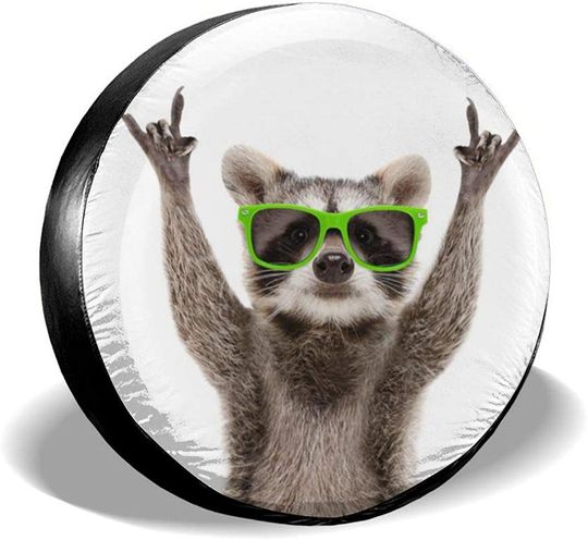 Discover Eson J Spare Tire Cover, Funny Raccoon Green Sunglasses Showing Rock Animals