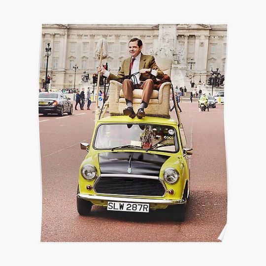Discover Mr. Bean, Funny Mr Bean driving his car from the roof Premium Matte Vertical Poster
