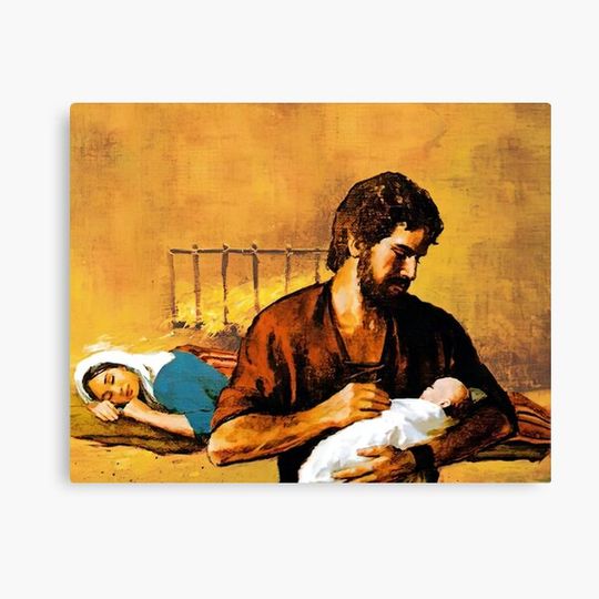 Discover St. Joseph holds baby Jesus while Mary sleeps. Canvas