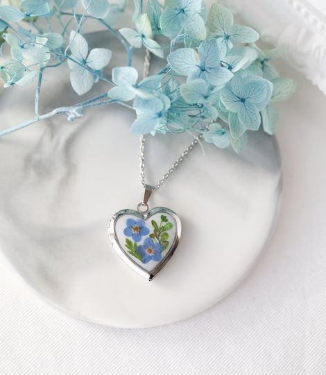 Discover Dried Pressed Natural Flower Stainless Steel Heart Locket Necklace