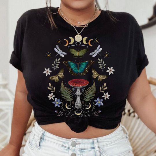 Discover Mystical Forest Floral Celestial Butterfly T-shirt for Wizard and Green Witch, Fairy Grunge Mystical T-shirt