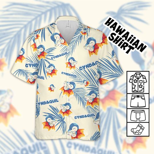 Discover PKM Cyndaquil Hawaiian Palm Leaves Pattern shirt, PKM Birthday Hawaiian Shirt
