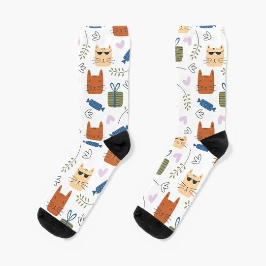 Discover Cats family. Fun and cute pet pattern design. Adorable bright colorful kitties. Socks