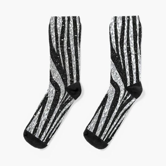 Discover Glittery Black And Glittery Silver colour zebra stripes Pattern Socks