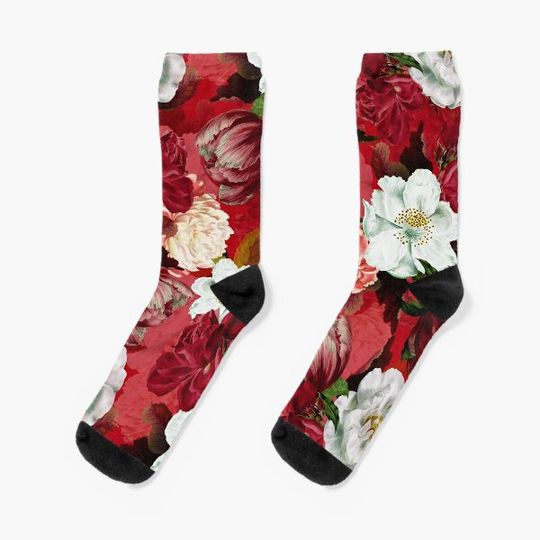 Discover Antique Red Midnight Botanical Flower Rose Garden Socks