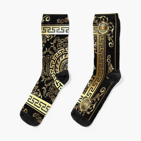Discover Baroque Gold Black Greek Key Meander Socks