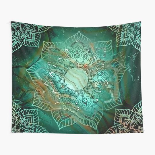 Discover Beautiful Mandala - Teal turquoise copper and silver tones Tapestry