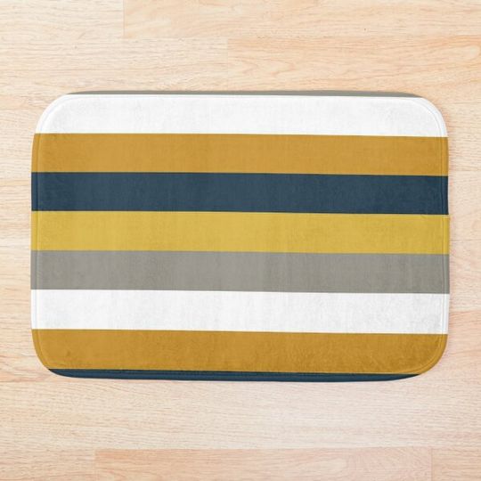 Discover Broad Stripes Pattern in Light and Dark Mustard Yellow, Grey, White, and Navy Blue Bath Mat