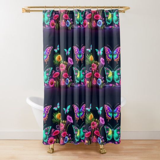 Discover Neon Pattern Of Colorful Flowers And Colorful Butterflies Shower Curtain
