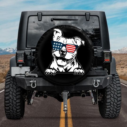 Discover Pit Bull Spare Tire Cover, Spare Wheel Cover with Pit Bull wearing "Merica sunglasses