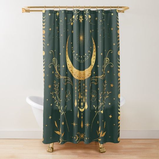 Discover Sage green and gold Celestial crescent moon with floral accents and moon phase tie dye Shower Curtain