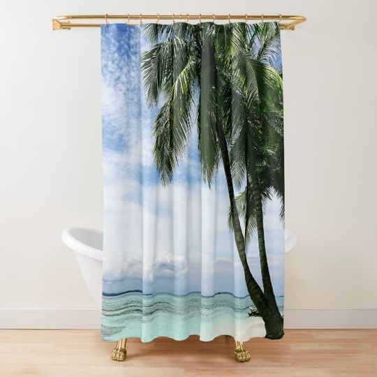 Discover Ocean Beach with Tropical Palm Trees in the Blue Sky Shower Curtain