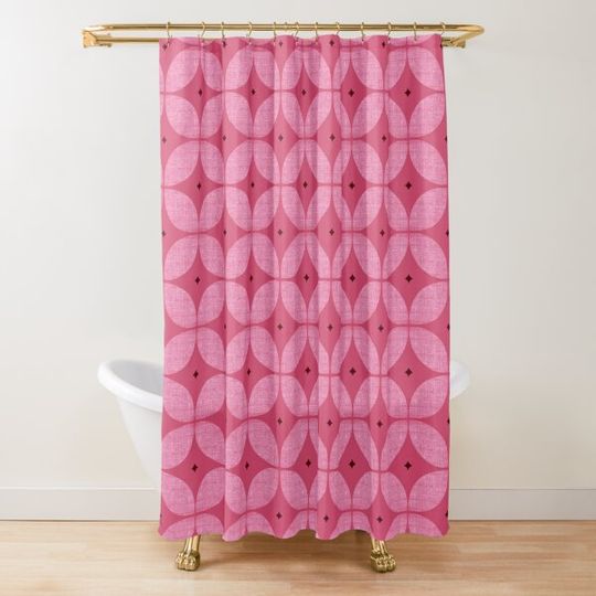 Discover Mid Century Modern Atomic Starburst in watermelon red Shower Curtain