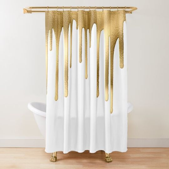Discover White and Gold Foil Drip Shower Curtain