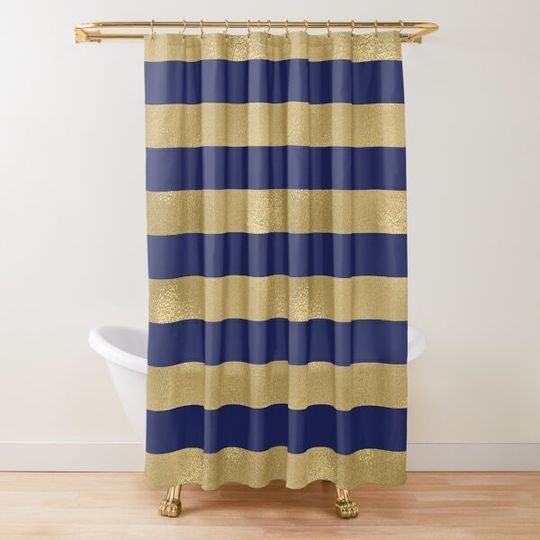 Discover Navy Blue and Gold Metallic Horizontal Stripes Shower Curtain