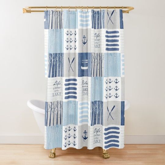 Discover Life is better at the lake patchwork Shower Curtain