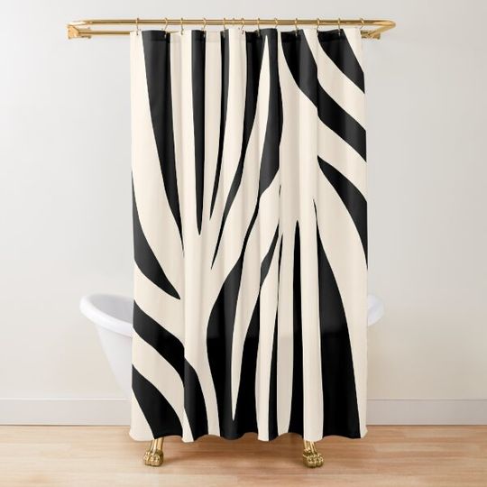 Discover Maldives Leaves Minimalist Abstract Pattern in Black and Almond Cream Shower Curtain