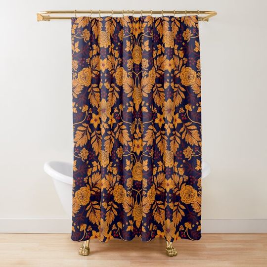 Discover Mustard Yellow, Dark Red and Navy Blue Floral Shower Curtain