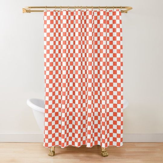 Discover Living Coral Color of the Year in Coral Orange and White Checkerboard Shower Curtain