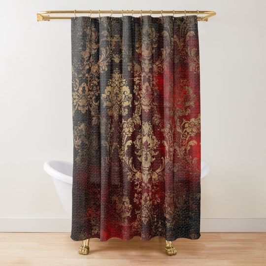 Discover Elegant Black and Red Faux Tapestry With Gold Damask Pattern Shower Curtain
