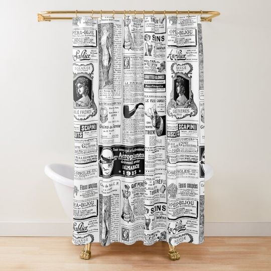 Discover antique french victorian newspaper vintage black white Shower Curtain