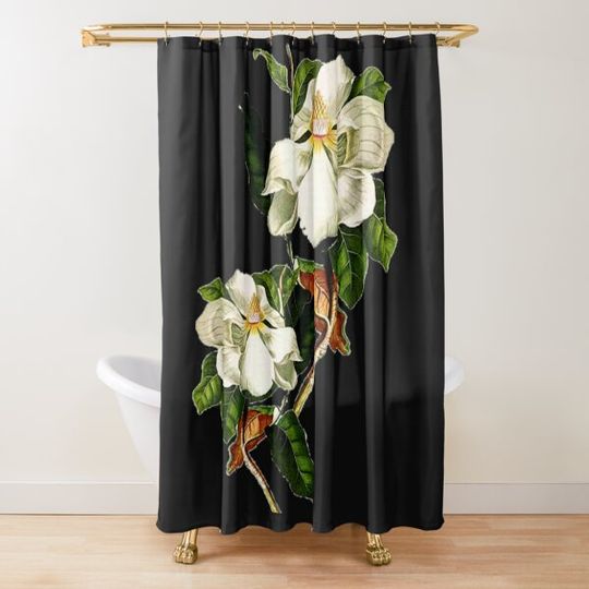 Discover Vintage White Magnolia on Black Background Shower Curtain