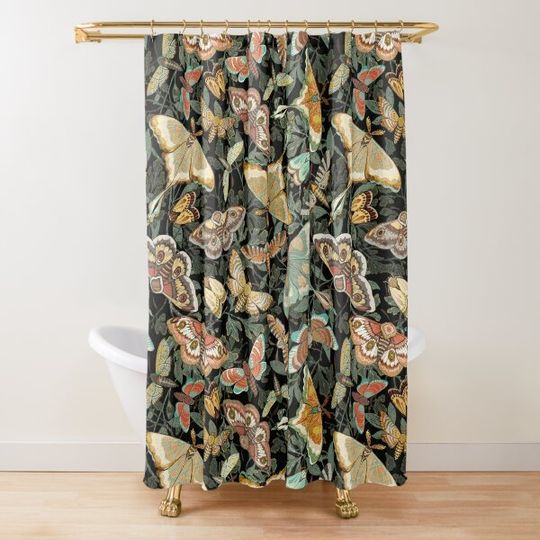 Discover Butterflies and Moths on a black foliage background, larger scale Shower Curtain