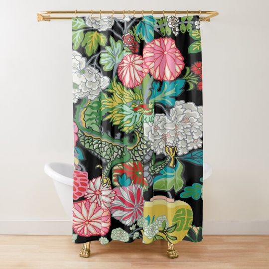 Discover Vintage Oriental Peony Garden Botanical Chinoiserie with Dragon on Black Shower Curtain