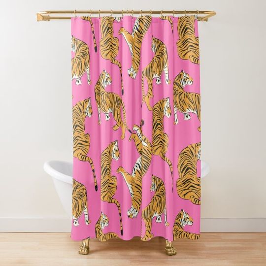 Discover Pink Tiger Repeating Print- Preppy Modern Contemporary Shower Curtain