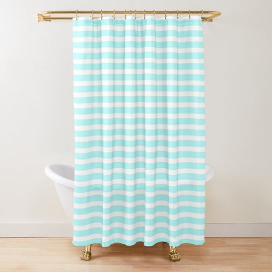 Discover Tiffany Teal Horizontal Stripe Pattern on White Shower Curtain