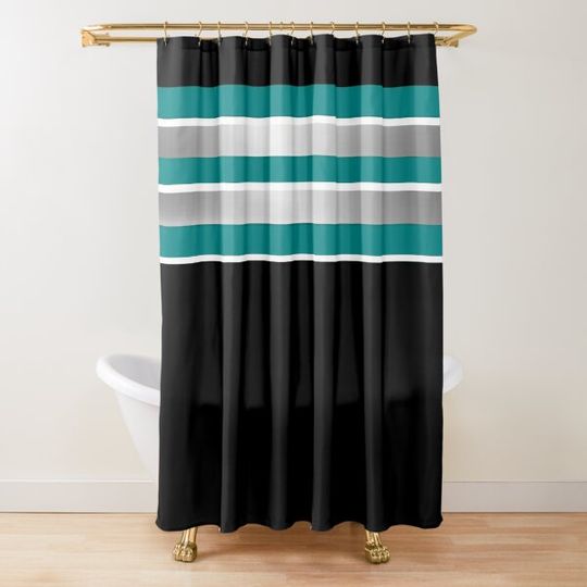 Discover Silver, Teal, Black and White Stripe (3) Shower Curtain