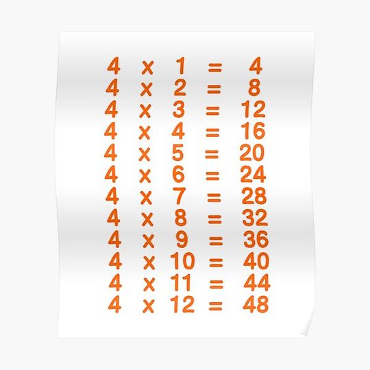 Discover 4 X Table Four Times Table Learn Multiplication Tables for Kids - Orange Premium Matte Vertical Poster