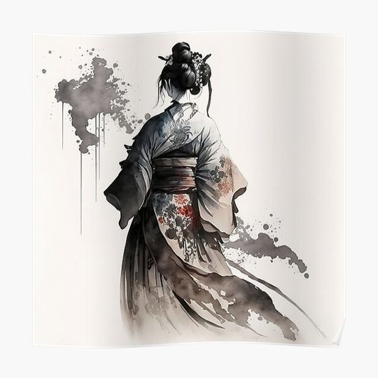 Discover beautiful geisha in japanese clothes - sumi-e painting Premium Matte Vertical Poster