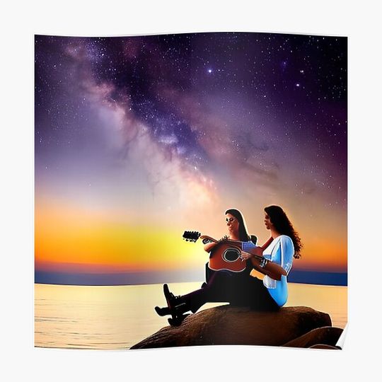 Discover Two singers with guitar under a starry sky by the sea Premium Matte Vertical Poster